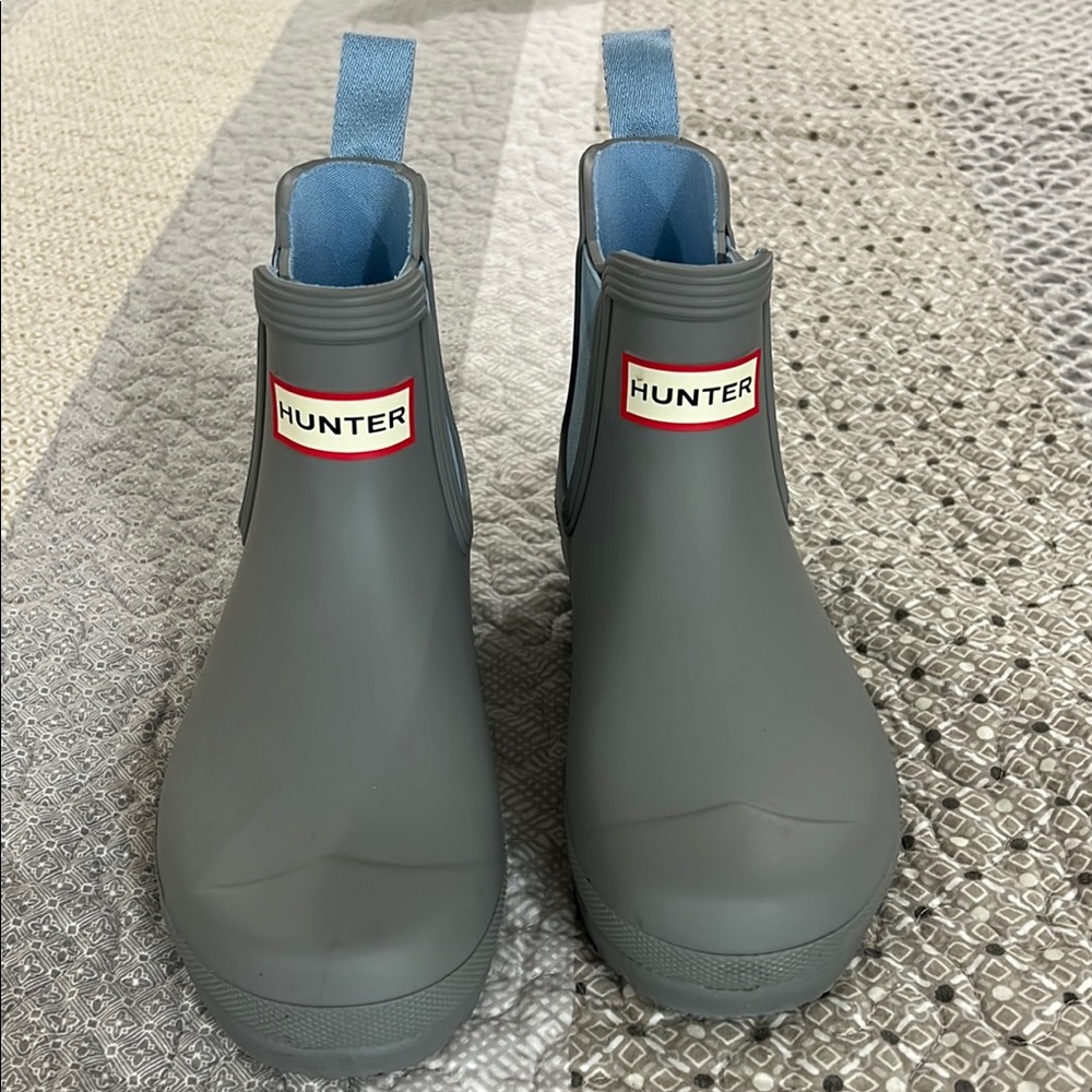 Hunter Gray Waterproof Boots with Blue Accents
